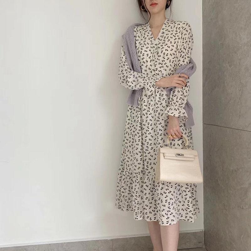 Mature Style White Skirt Covering Belly Dress Western Style Long Skirt French Bellflower Retro Autumn High Waist Hepburn Style Floral Dress