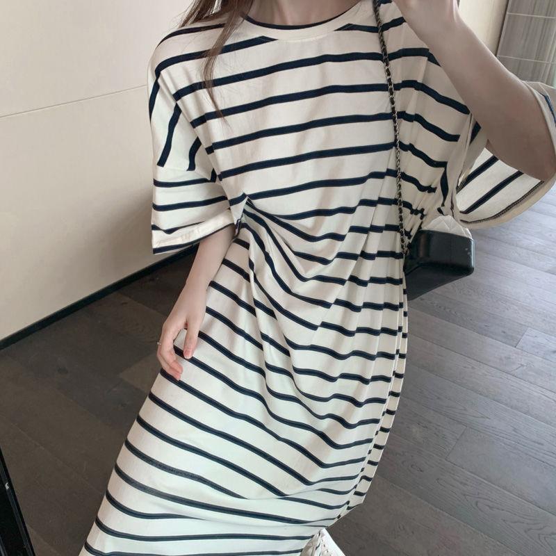 Ladies Long Dress with Belt Stripe Round Neck Slim Base Short Sleeve Loose and Casual Dress