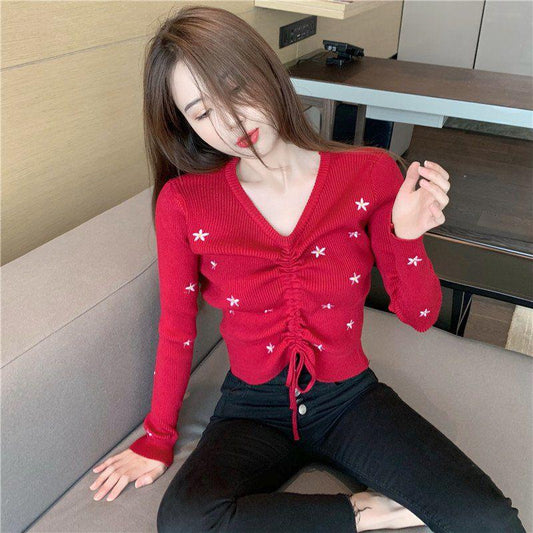 V-neck Slim Long-sleeved Knitted Bottoming Shirt Women Thickened Autumn and Winter Drawstring Ladies Sweater Top