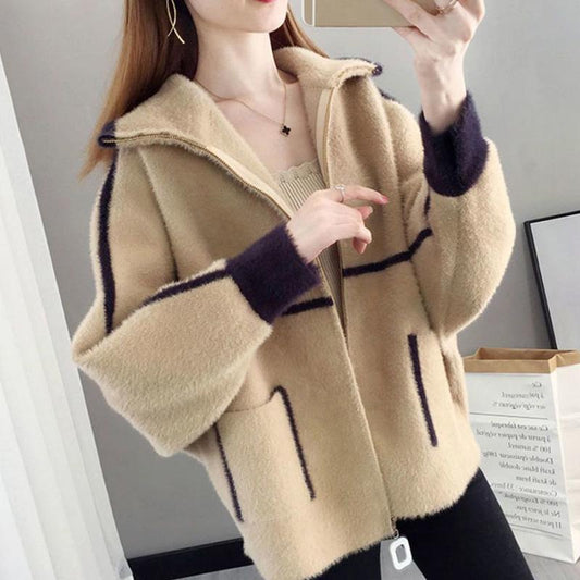 Autumn and Winter Fashion Knitted Cardigan Long Sleeve Lapel Short Sweater Thick Casual Jacket