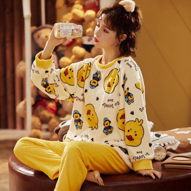 Women's Long-sleeved Warm Suit Ladies Large Size Cute Cartoon Thick Coral Fleece Pajamas Autumn and Winter Flannel Pajamas