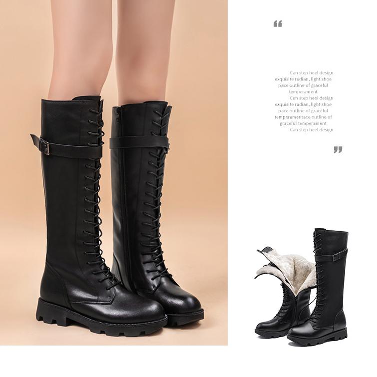 Genuine Leather Boots Women Wool Fur Boots Winter Shoes High Heels Knee High Boots Black Warm Shoes Fashion Plus Size 35-42