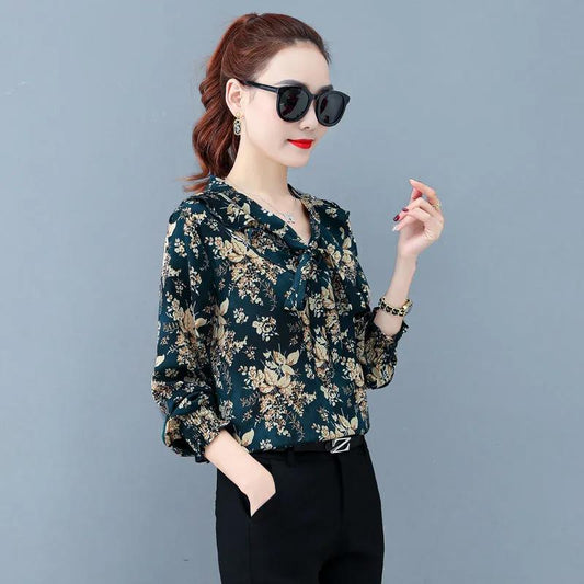 Women's Spring and Autumn Long Sleeve Chiffon Shirt Loose Floral Top