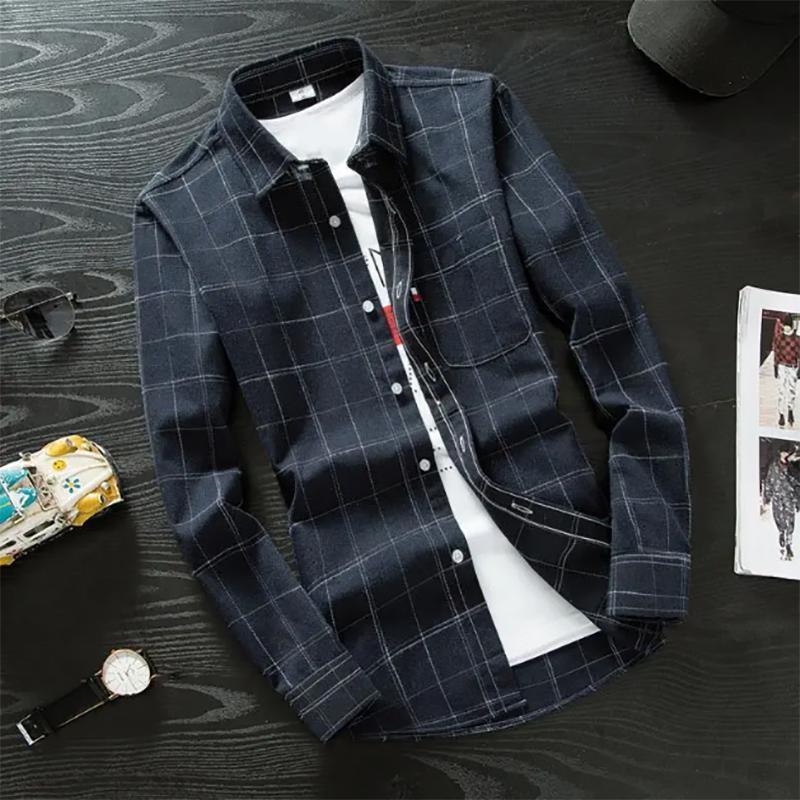 Autumn Long-sleeved Plaid Shirt Men's Slim Fit Striped Shirt Trendy Men's Shirt Jacket