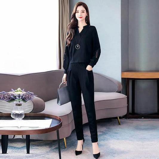 Large Size Women's Black Casual Pants Suit Is Thin and Small Fragrance Temperament Two-piece Long-sleeved Shirt + Casual Pencil Pants