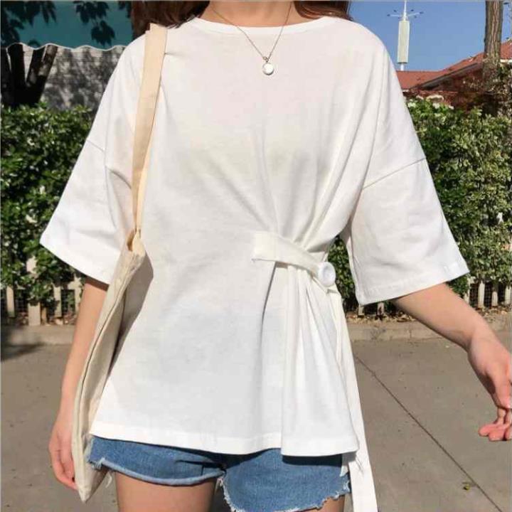 Irregular button Bandage Summer Women's Fashion Tops Short Sleeve Solid Color Casual Loose T-shirt
