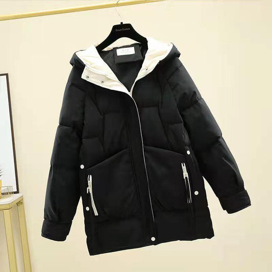 Winter Mid-length Thick Windproof Cold Warmth Loose INS Style Casual Slim Solid Color Ladies Hooded Coat Jacket Padded
