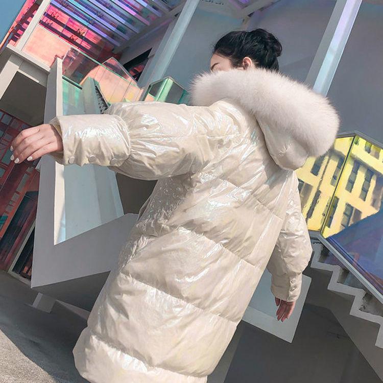 Glossy Cotton Winter Long Padded Jacket To Keep Warm Plus Cotton Down Winter Coat with Large Fur Collar
