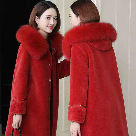 Real Fox Fur Collar Particle Sheep Shearing Female Mid-length Fur with Haining Fur Thickening Warm Jacket