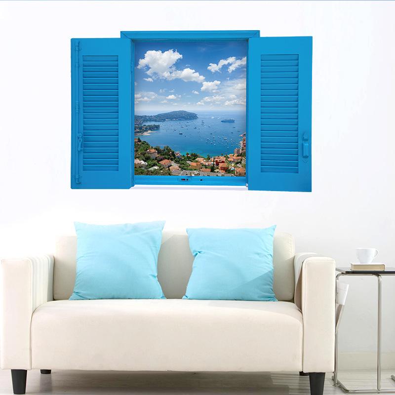 3D Mediterranean blue fake window scenery Bedroom living room porch decorative wall stickers