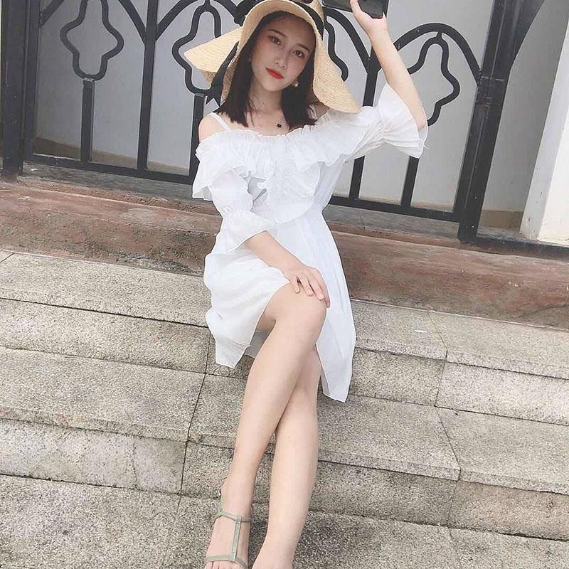 Fashion Summer Sexy Slash Neck Off-shoulder Slim Strap Dress Flared Sleeves Ruffled Chiffon Dress