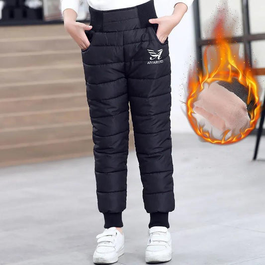 Down Pants Warm Thicken Boys Girls Winter Plus Velvet Children High Waist Trousers Ski Down Padded Pants