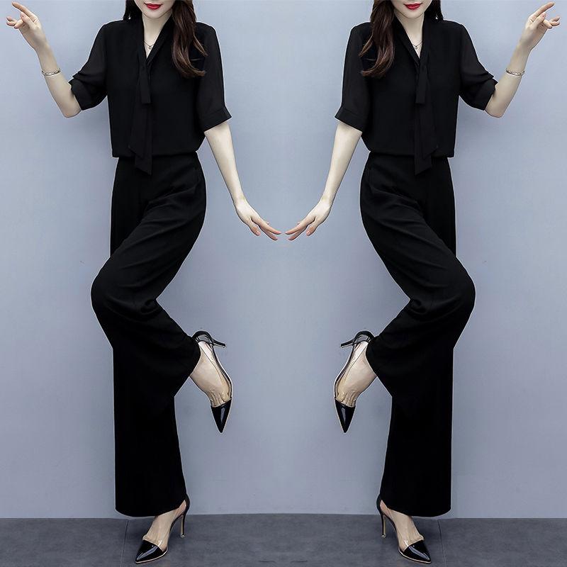 Ladies Professional Suit Black Two-piece Suit Women Loose and Thin High Waist Wide-leg Pants V-neck Short-sleeved Shirt Elegant Temperament