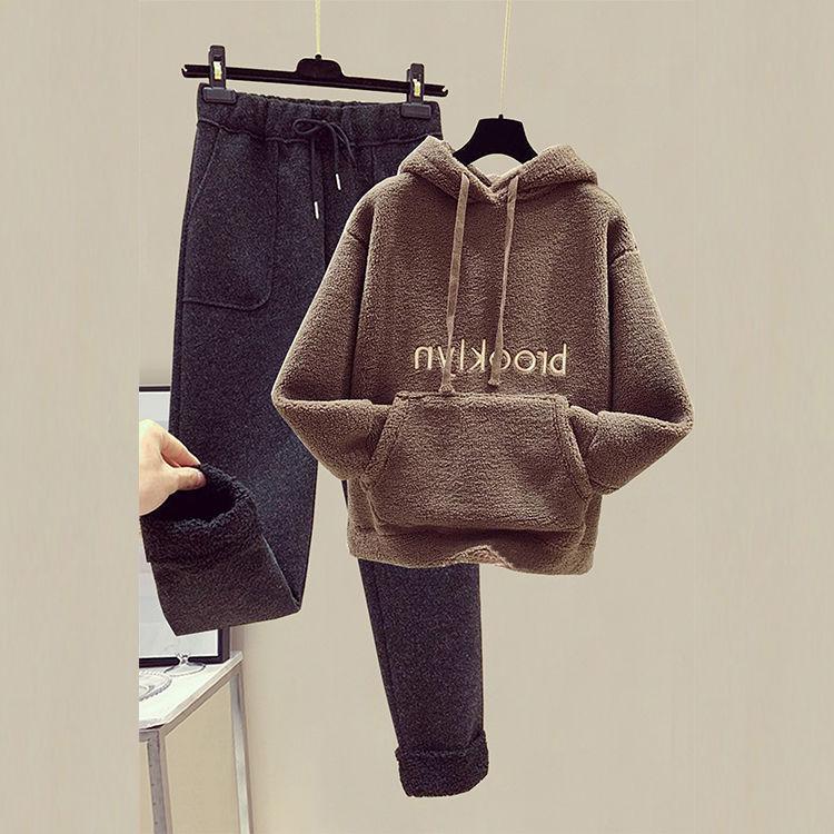 2pcs/set Autumn Winter Fleece Hoodies Vintage Sweatshirt Two Piece Set Woman Tracksuits Jogger Pants Thick Warm Clothes