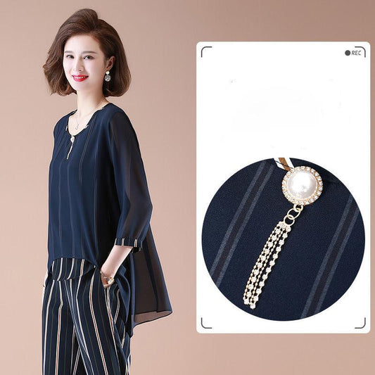 WTEMPO 2pcs Set Spring Summer Women's Plus Size Chiffon Shirt and Stripped Pants Two-piece Set Loose Casual Outfits