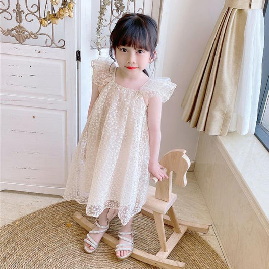 Children's Dress Summer Girl's Ruffle Sleeveless Dress Children's Princess Dress Embroidered Leaf Lace Dress