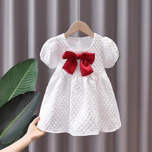 Girls Short Sleeve Dress Summer Thin White Children Princess Dress Summer Dress Cute Red Bow A-line Skirt