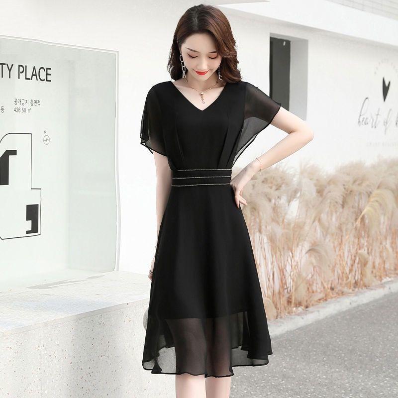 Dress Female Summer Loose Large Size Black Chiffon Dress Short-sleeved Waist V-neck Slim Casual All-match