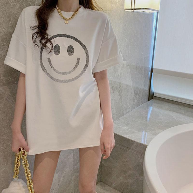 Cotton Mid-length Short-sleeved T-shirt Women's Korean Version Drill Loose Temperament All-match Trend