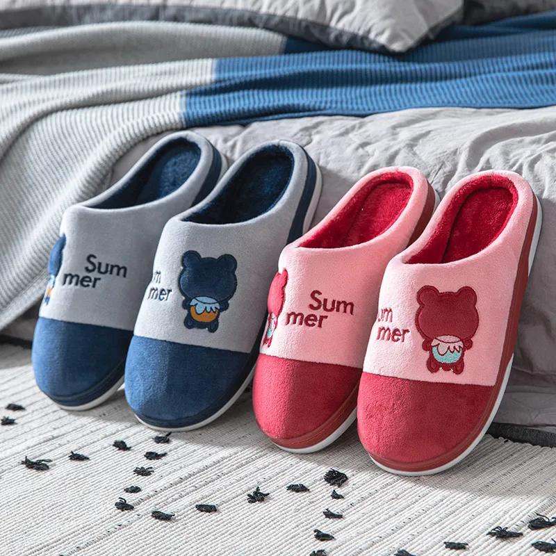 Winter Slippers Women Home Indoor Casual Plus Size Cotton Shoes Thick Fleece Warm Men Slippers Couples Slipper Blue Pink