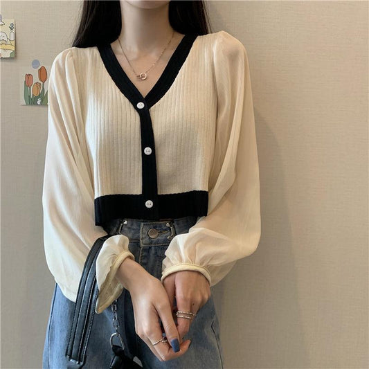 Autumn Contrast Color Sweater Stitching Chiffon V-neck Thin Student Lantern Sleeve Women