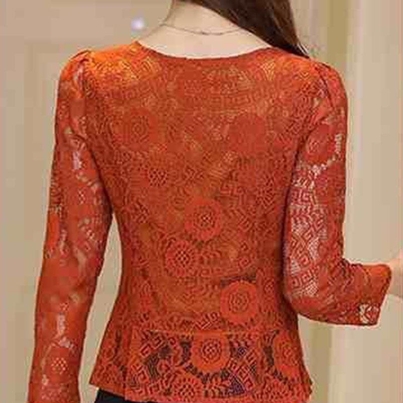 Women's Spring and Autumn Plus Size Long Sleeve Bottoming Shirt Lace Round Neck Slim Top