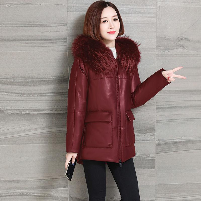 Plus Size PU Leather Jacket Women's Padded Coat Winter Mid-length Leather Parka Jacket Loose Hooded Parka Coat with Fur Collar