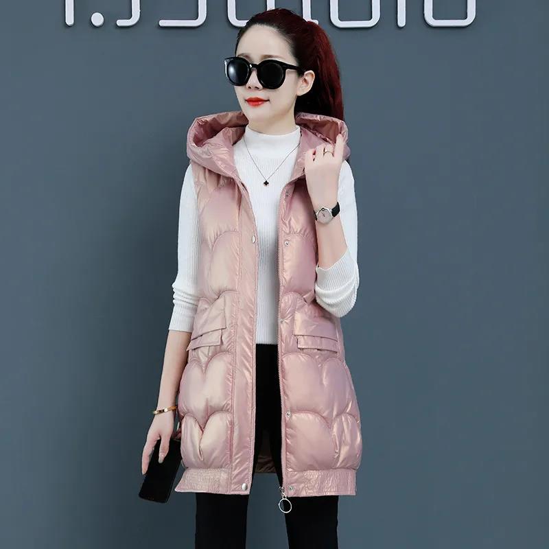 Winter Ladies Hooded Down Vest Jacket Fashion Glossy Down Cotton Sleeveless Jacket Thicken Warm Winter Vest