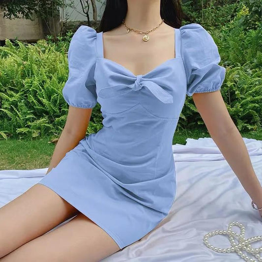 Women's Summer Long Dress Puff Sleeve Floral Square Neck Dress