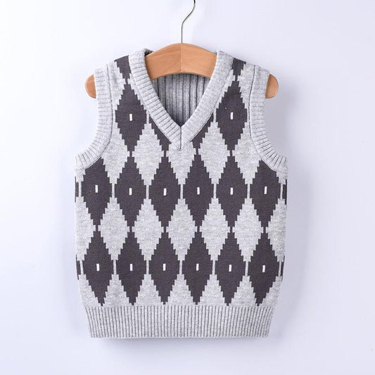 Knitted Baby Vest Children's Checker Printed Vest Boys Knitted V-neck Vest Fall/ Winter Outwear
