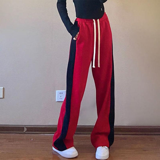 Sports pants spring and autumn striped color contrast loose and thin high waist vertical straight pants casual wide leg pants women