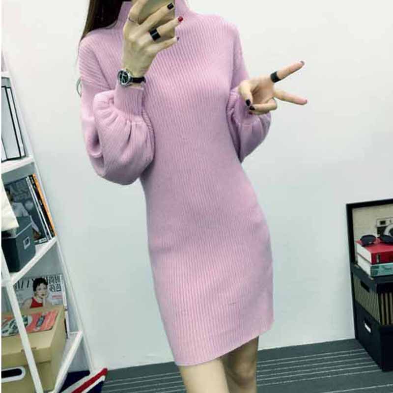 Autumn and Winter High Neck Pullover Lantern Sleeve Sweater Dress Slim Long Knit Sweater