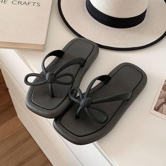 Fairy Wind Bow Flip-flops Female Summer Solid Color Outer Wear Soft Bottom Seaside Clip-on Beach Sandals and Slippers