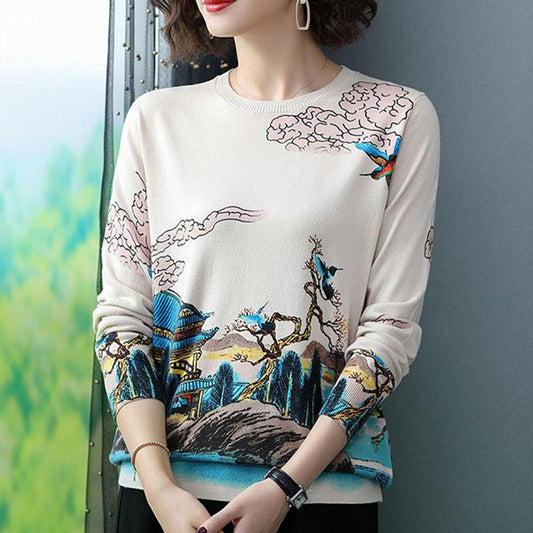 Autumn Winter 3D Printed Woolen Sweater Vintage Knit Bottoming Sweater Warm Plus Size Wool Blend Jumper Tops