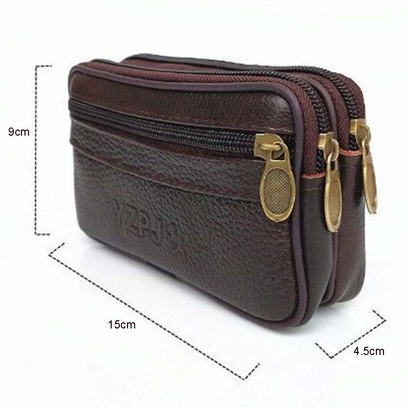 Men's Leather Horizontal Pockets Mobile Phone Waist Bag Wearing Belt Double Mobile Phone Purse Convenient Small Bag