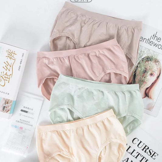 Four-pack Women's Silk Underwear Antibacterial Seamless Breathable Briefs Mulberry Silk Comfortable Soft Solid Simple Underpants Mid Waist Panties