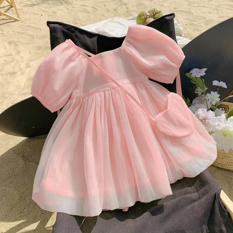 Girls Dress Summer Dress Sweet Children's Princess Dress Tutu Skirt Little Girl Skirt Puff Sleeve Square Neck Mesh Skirt