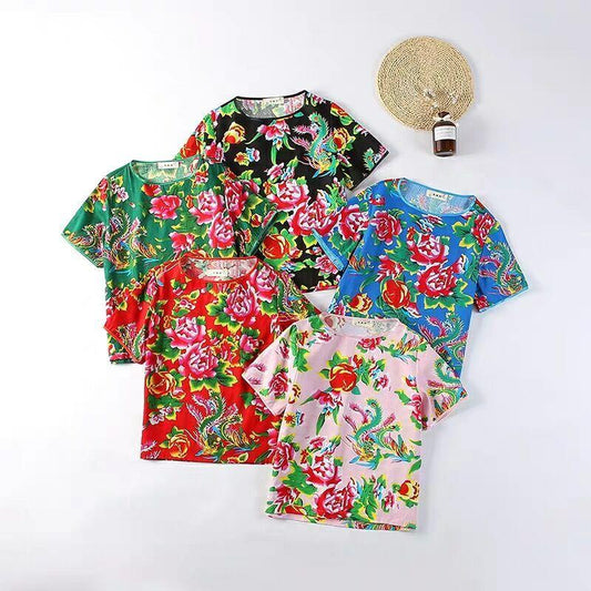 Chinese Style Printed Clothes Safflower T-shirt Lovers Personality Trend Top