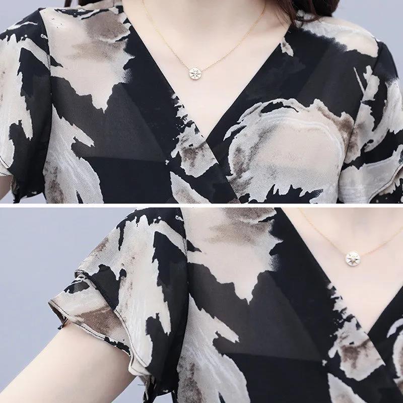 Suit Printed Chiffon Shirt Summer Temperament Casual Suit V-neck Short Sleeve Shirt + Loose Wide Leg Pants Lightweight