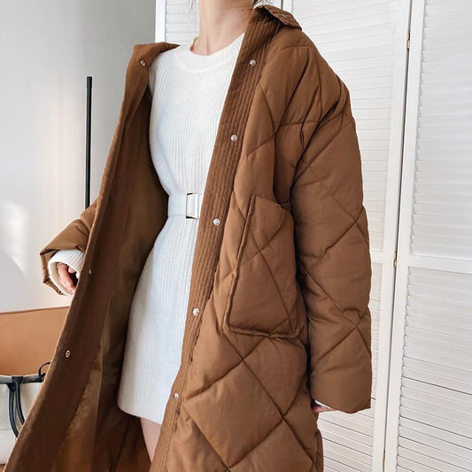 Winter New Korean Style Long Cotton-padded Coat Women's Casual Stand-up Collar Argyle Pattern Oversized Parka Chic Jacket