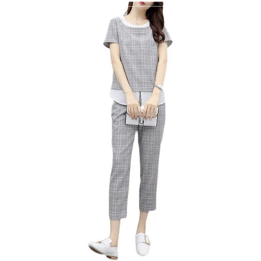 Women's Loose and Thin Casual Plaid Suit Women's Casual Pants Two-piece Suit Round Neck Short Sleeve + Casual Straight-leg Pants Ladies Daily Suit