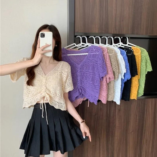 Hollow Knitted Sweater Summer Scheming Thin Short-sleeved Shirt Women's Top Korean Style Drawstring V-neck Short T-shirt Female Pullover Sweater Tee