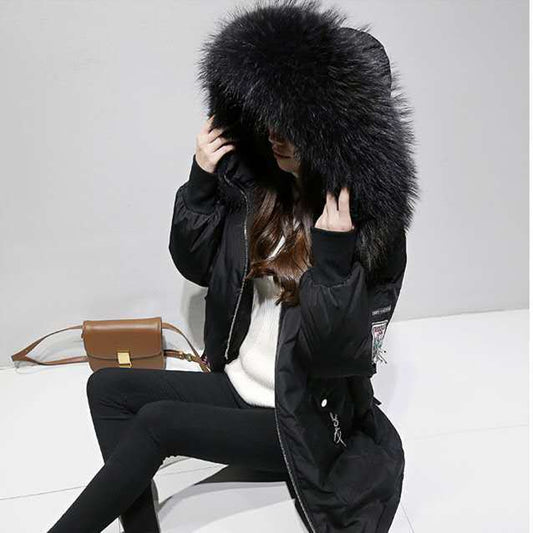 Women's Cotton-padded Jacket Mid-length Large Fur Collar Cotton-padded Jacket Plus Size Korean Student Loose Thick Coat Women
