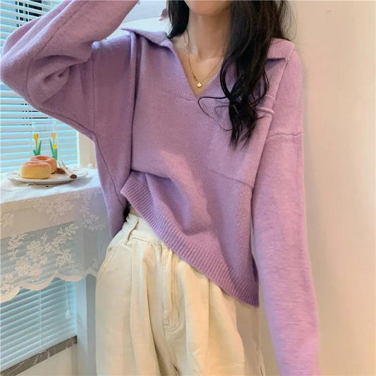 Autumn and Winter Students Lazy Wind V-neck Long-sleeved Sweater Loose Outer Wear Pullover Sweater Women