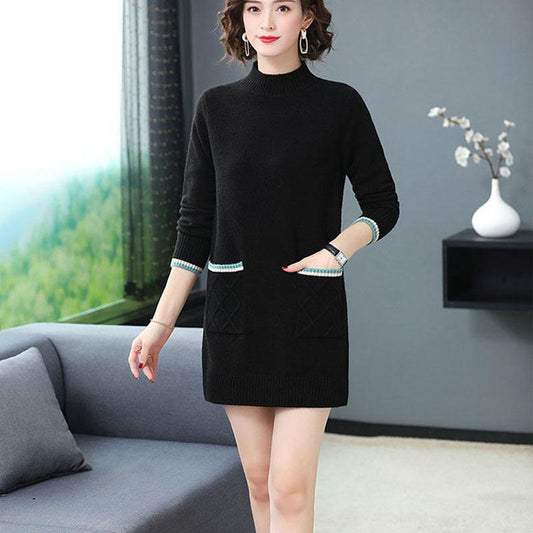 Autumn and Winter Mid-length Loose Dress Thickened Half High Neck Knitted Base Skirt Simple Casual Women Sweater Dress