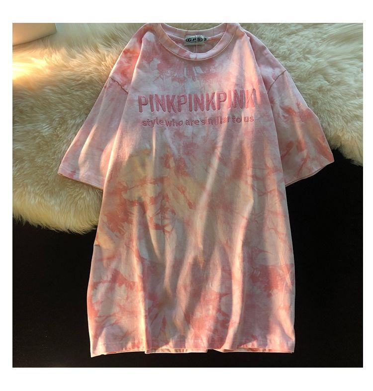 Tie-dye Gradient Embroidery Short-sleeved T-shirt Men Pink Wild Small Fresh Retro Half-sleeved Tide