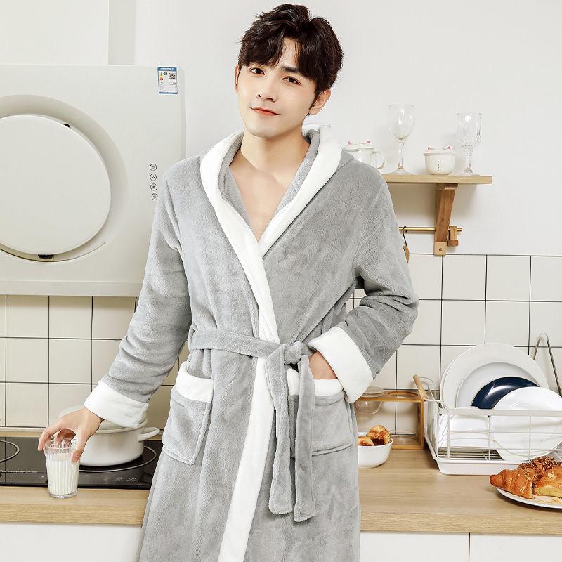 Men's Nightgown Hooded Autumn and Winter Long Coral Fleece Plus Velvet Thick Bathrobe Flannel Pajamas Winter Home Service