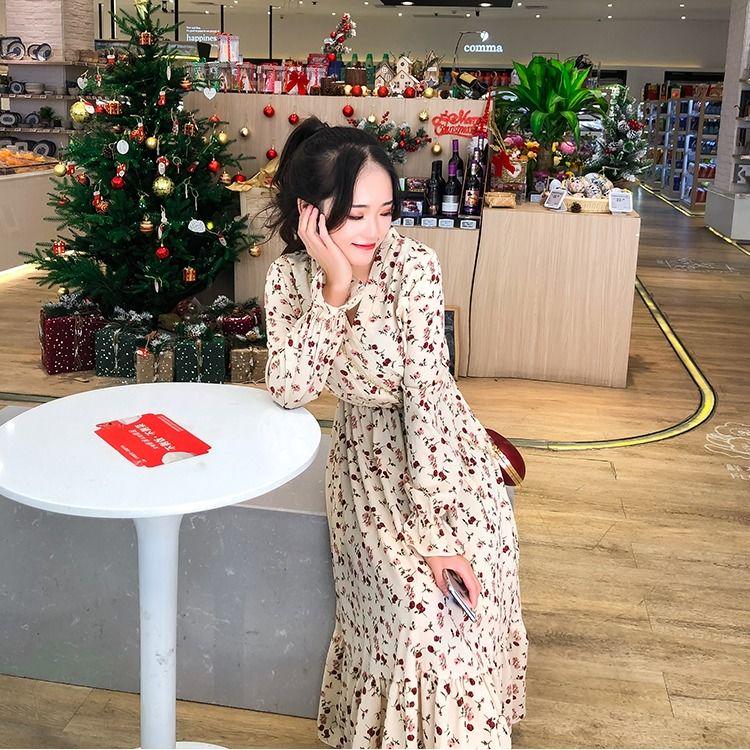 High waist mid-length skirt floral chiffon dress female loose wild long-sleeved V-neck