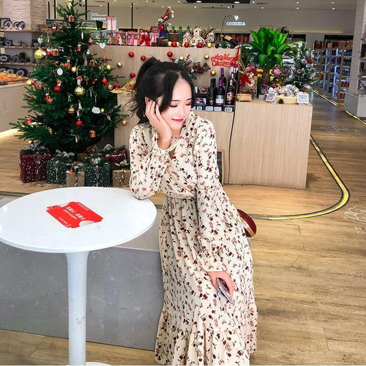 High waist mid-length skirt floral chiffon dress female loose wild long-sleeved V-neck