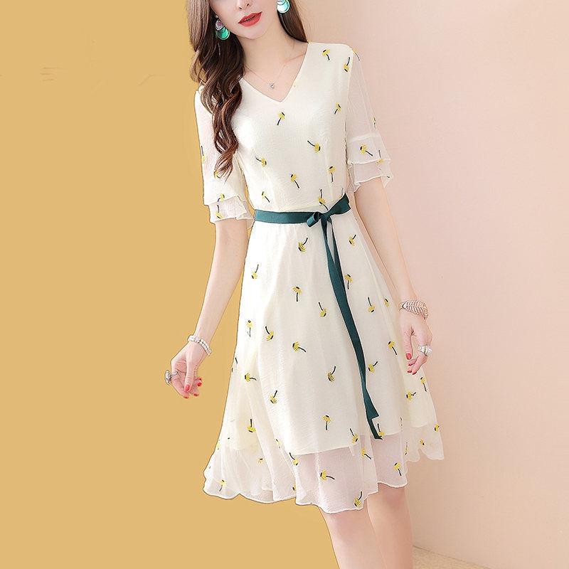 Women Spring Summer Cascading Ruffles Flower Print Dress V Neck Half Sleeve Knee Length Dress Female A Line Party Dress